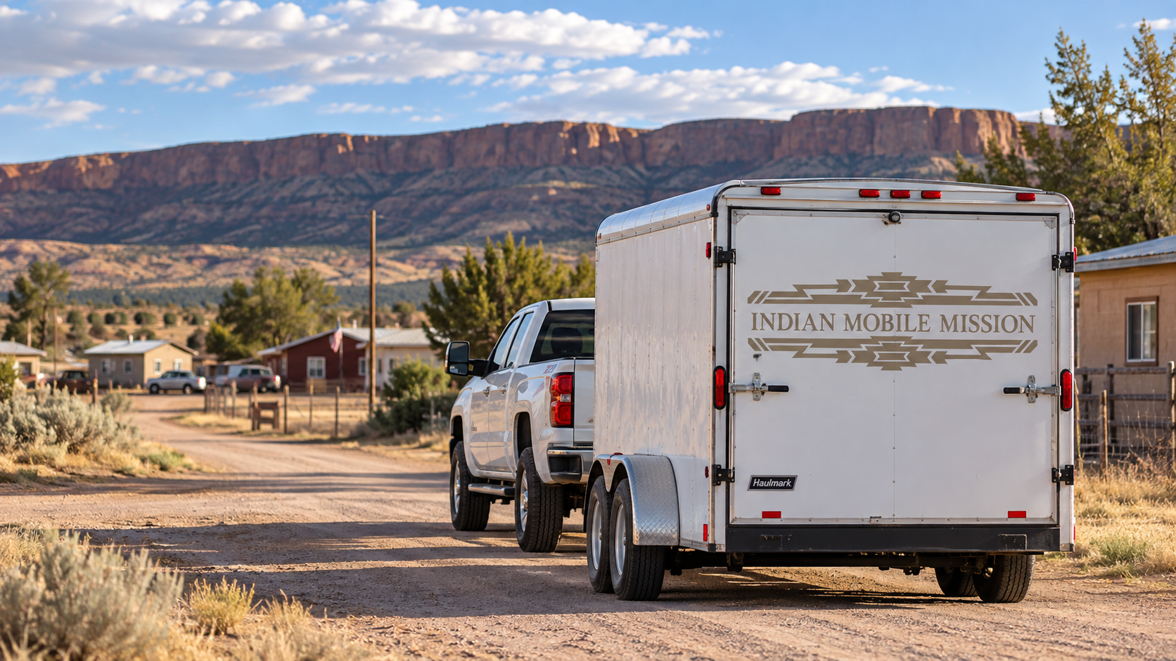 Indian Mobile Mission truck and trailer arriving in a reservation community